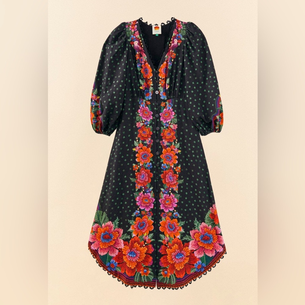 FARM Rio Black Maxi Dress with Multicolor Floral Embroidery